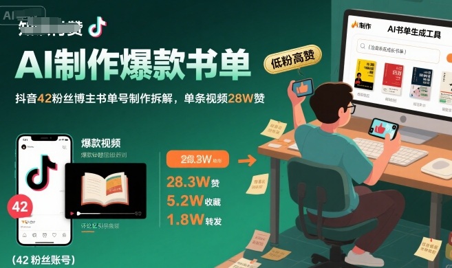 AI制作爆款书单，抖音42粉丝博主书单号制作拆解，单条视频28W赞-皓哥创业笔记