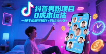 抖音男粉项目0成本玩法，一部手机即可操作，日均4张+，时间自由-皓哥创业笔记