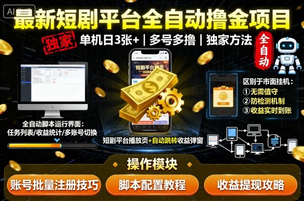 最新短剧平台全自动挂G撸金项目，单机一天3张+，多号多撸，区别于市面所有挂机项目，独家方法【揭秘】-皓哥创业笔记