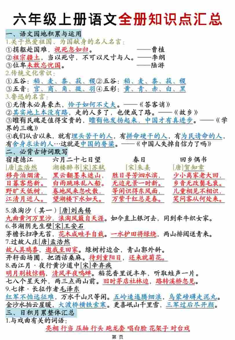 六年级上语文全册知识点汇总-皓哥创业笔记