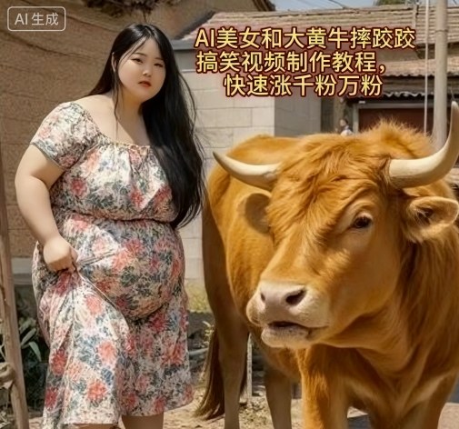 AI美女和大黄牛摔跤搞笑荒诞视频制作教程,快速涨千粉万粉-皓哥创业笔记