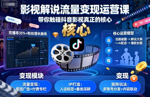 影视解说流量变现运营课,带你触碰抖音影视真正的核心-皓哥创业笔记