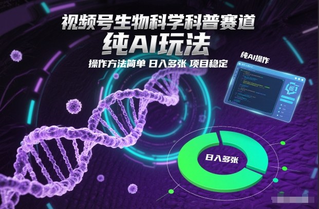 视频号生物科学科普赛道，纯AI玩法，操作方法简单，日入多张，项目稳定-皓哥创业笔记