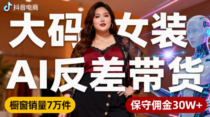 抖音小众赛道，大码女装AI反差带货，不用直播，每天6条作品，橱窗卖7万件，保守佣金30W+-皓哥创业笔记