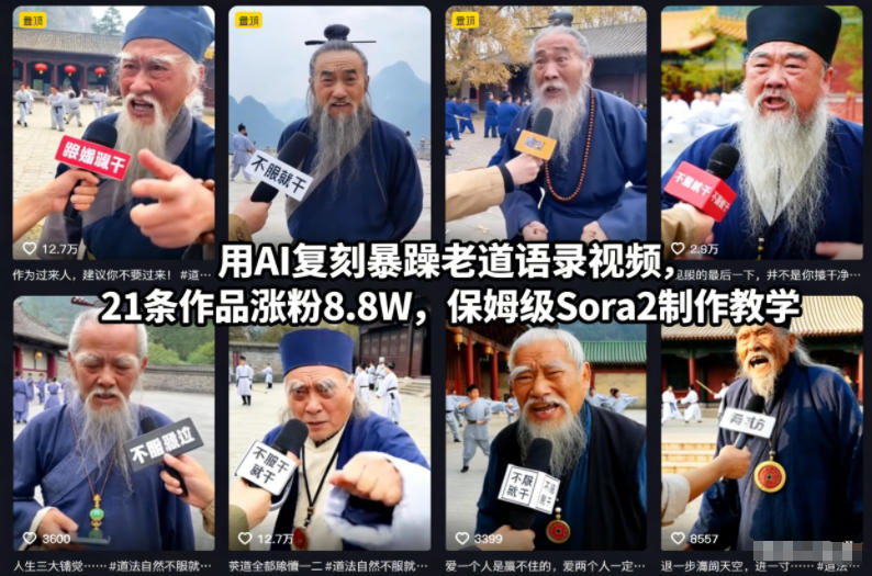 用AI复刻暴躁老道语录视频，21条作品涨粉8.8W，保姆级Sora2制作教学-皓哥创业笔记