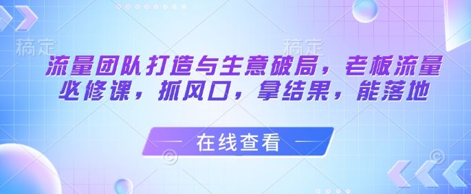 流量团队打造与生意破局,老板流量必修课,抓风口,拿结果,能落地-皓哥创业笔记