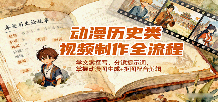 动漫历史类视频制作全流程，学文案撰写、分镜提示词，掌握动漫图生成+抠图配音剪辑-皓哥创业笔记