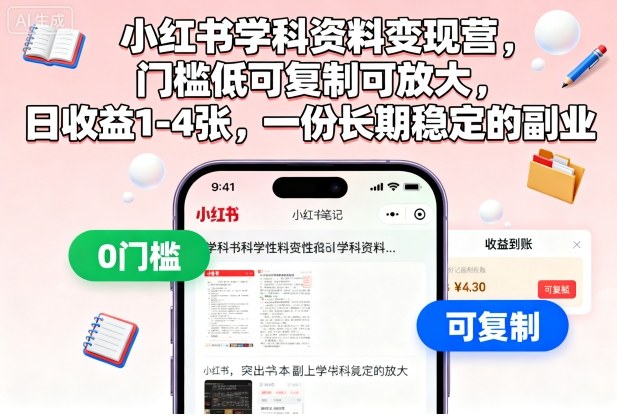 小红书学科资料变现营，门槛低可复制可放大，日收益1-4张，一份长期稳定的副业-皓哥创业笔记