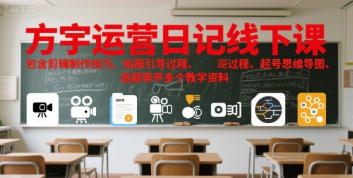 方宇运营日记线下课，包含剪辑制作技巧、拍摄引导过程、起号思维导图、选题等多个教学资料-皓哥创业笔记