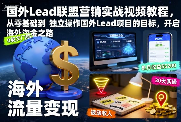 国外Lead联盟营销实战视频教程，从零基础到独立操作国外Lead项目的目标，开启海外淘金之路-皓哥创业笔记
