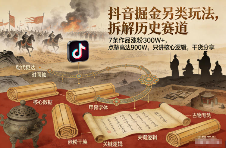 抖音掘金另类玩法，拆解历史赛道，7条作品涨粉300W+，点赞量高达900W，只讲核心逻辑，干货分享-皓哥创业笔记