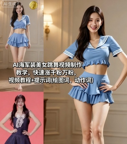 AI海军装美女跳舞视频制作教学，快速涨千粉万粉，视频教程+提示词(绘图词、动作词)-皓哥创业笔记