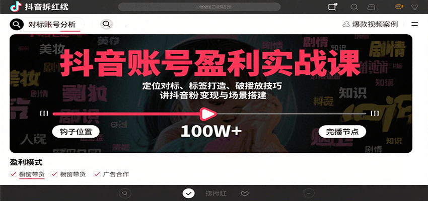 抖音账号盈利实战课，定位对标、标签打造、破播放技巧，讲涨粉变现与场景搭建-皓哥创业笔记