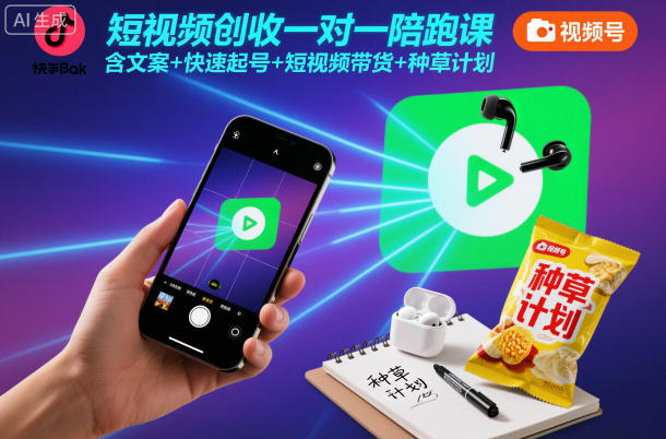 短视频创收一对一陪跑课，含文案+快速起号+短视频带货+种草计划-皓哥创业笔记