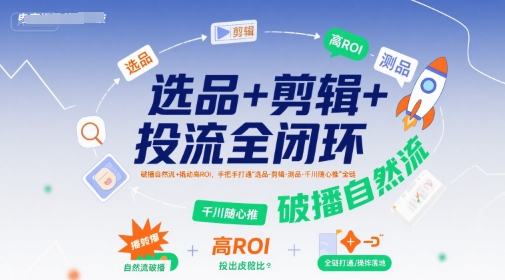 选品+剪辑+投流全闭环，破播自然流+撬动高ROI，手把手打通“选品-剪辑-测品-千川随心推”全链-皓哥创业笔记