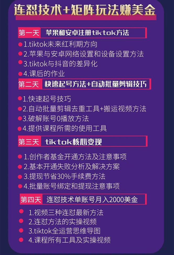 （1708期）tiktok变现四天实战班：连怼技术+矩阵玩法赚,单账号月入2000美金(实操视频)-皓哥创业笔记