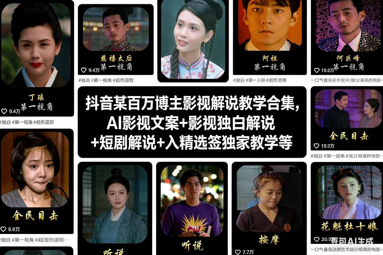 抖音某百万博主影视解说教学合集，AI影视文案+影视独白解说+短剧解说+入精选签独家教学等-皓哥创业笔记