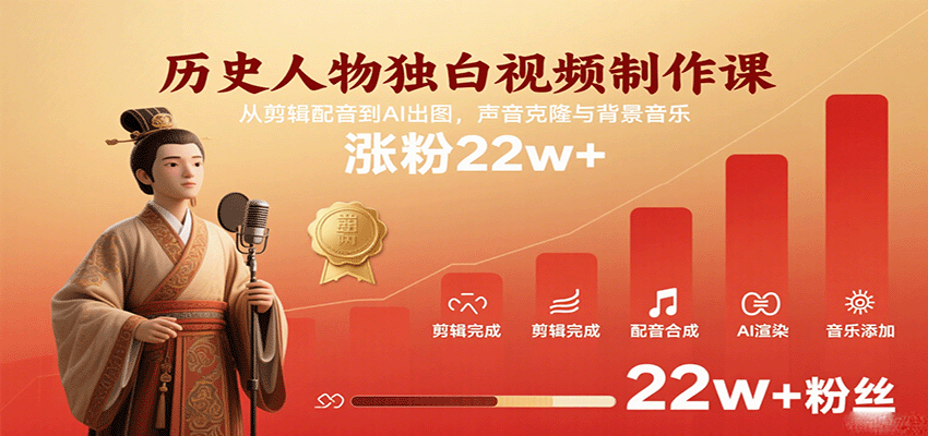 历史人物独白视频制作课，从剪辑配音到AI出图，声音克隆与背景音乐，涨粉22w+-皓哥创业笔记