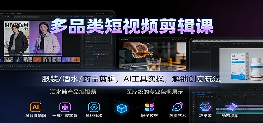 多品类短视频剪辑课：服装/酒水/药品剪辑，AI工具实操，解锁创意玩法-皓哥创业笔记