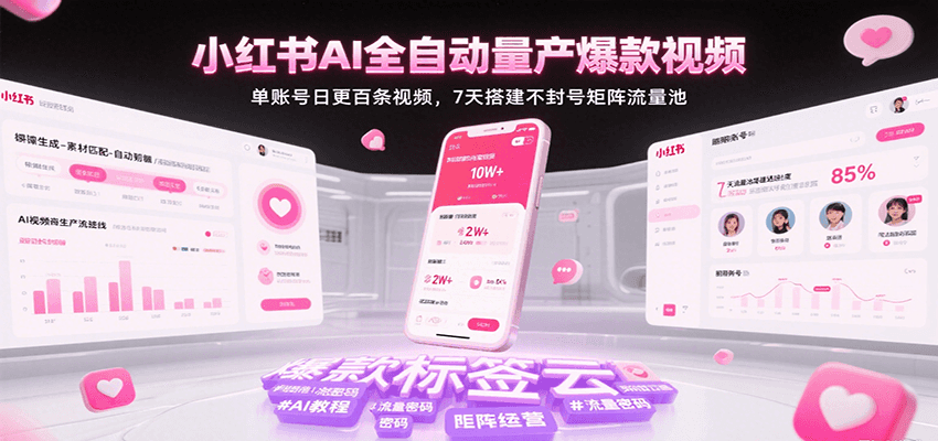 小红书AI全自动量产爆款视频，单账号日更百条视频，7天搭建不封号矩阵流量池-皓哥创业笔记
