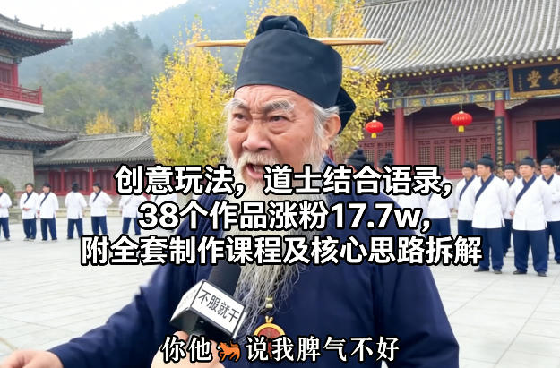 创意玩法，道士结合语录，38个作品涨粉17.7w，附全套制作课程及核心思路拆解-皓哥创业笔记