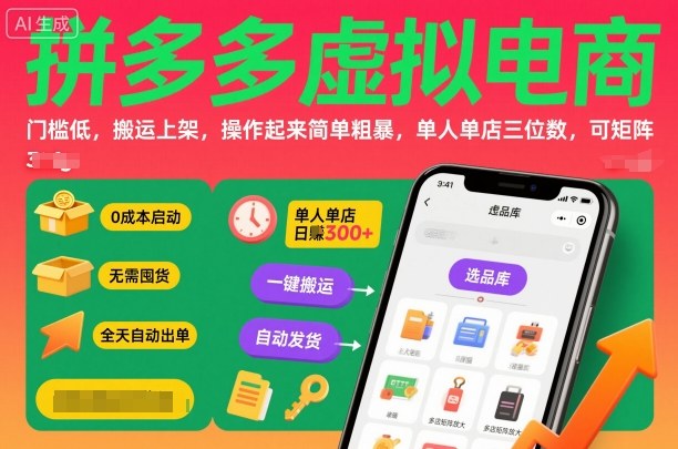 拼多多虚拟电商，门槛低，搬运上架，操作起来简单粗暴，单人单店三位数，可矩阵-皓哥创业笔记