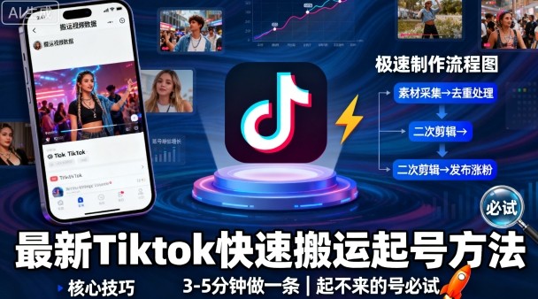 最新Tiktok快速搬运快速起号方法,3-5分钟做一条,起不来的号可以试试-皓哥创业笔记