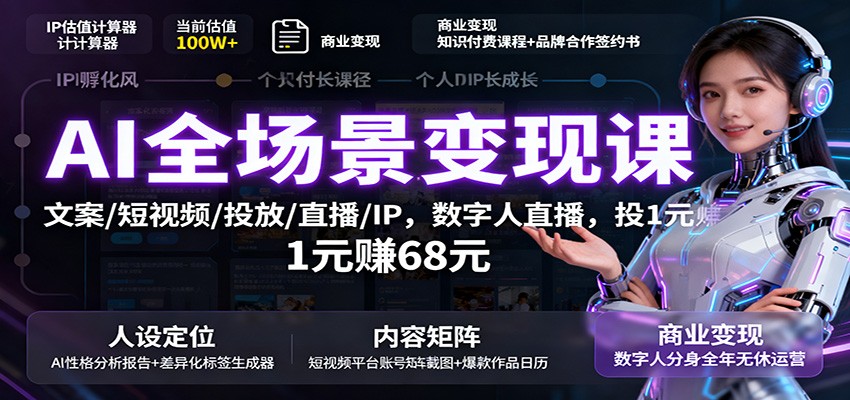 AI全场景变现课:文案/短视频/投放/直播/IP,数字人直播,投1元赚68元-皓哥创业笔记