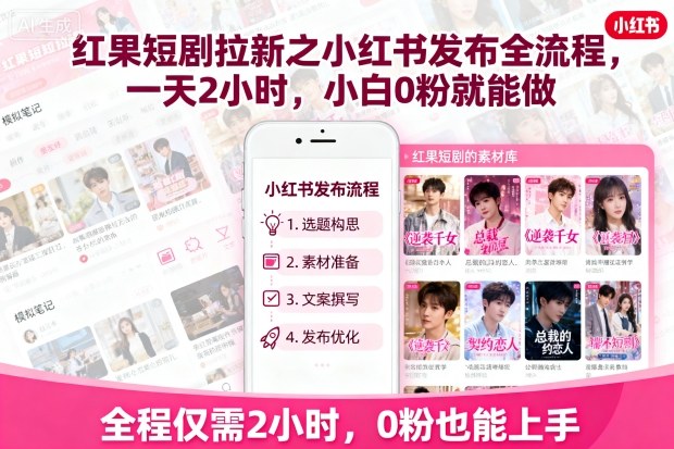 红果短剧拉新之小红书发布全流程，一天2小时，小白0粉就能做-皓哥创业笔记