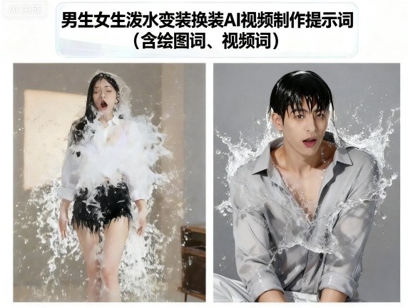 男生女生泼水变装换装AI视频制作提示词(含绘图词、视频词)-皓哥创业笔记