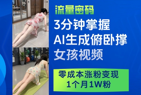 3分钟掌握AI生成俯卧撑女孩视频，零成本涨粉变现，1个月1W粉-皓哥创业笔记