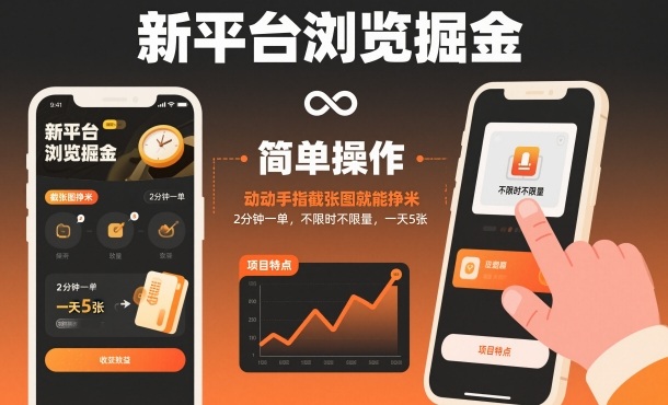 新平台浏览掘金，动动手指截张图就能挣米，2分钟一单，不限时不限量，一天5张【揭秘】-皓哥创业笔记