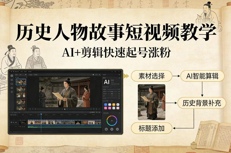 历史人物故事短视频教学，AI+剪辑制作历史人物题材短视频，快速起号涨粉-皓哥创业笔记