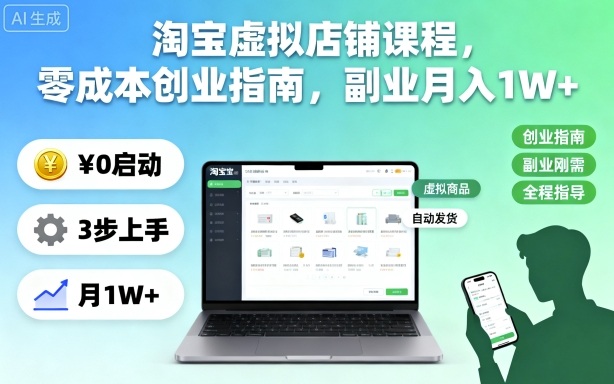 淘宝虚拟店铺课程，零成本创业指南，副业月入1W+-皓哥创业笔记