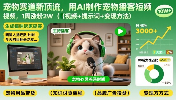 宠物赛道新顶流，用AI制作宠物播客短视频，1周涨粉2W（视频+提示词+变现方法）-皓哥创业笔记