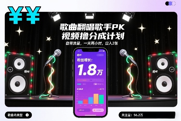歌曲翻唱歌手PK视频撸分成计划，自带流量，一天两小时，日入2张-皓哥创业笔记