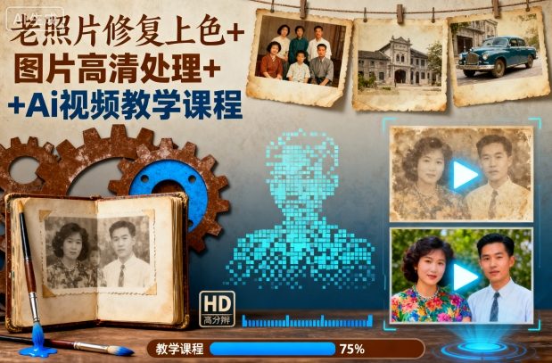 老照片修复上色+图片高清处理+Ai视频教学课程-皓哥创业笔记