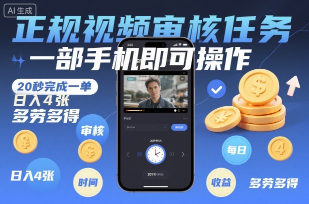 正规视频审核任务，一部手机即可操作，20秒完成一单，日入4张，多劳多得【揭秘】-皓哥创业笔记