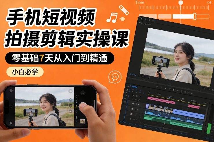 手机短视频拍摄剪辑实操课，零基础7天从入门到精通，小白必学-皓哥创业笔记