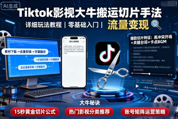 Tiktok影视大牛搬运切片手法，详细玩法教程-皓哥创业笔记