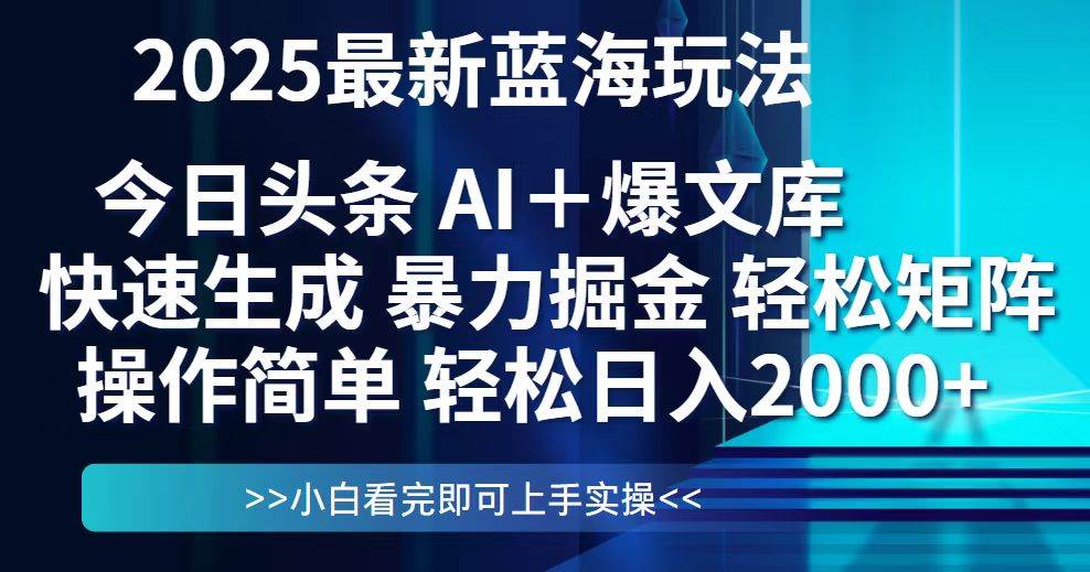 (14805期)今日头条2025最新蓝海玩法,思路简单,复制粘贴,轻松实现矩阵日入2000+-皓哥创业笔记