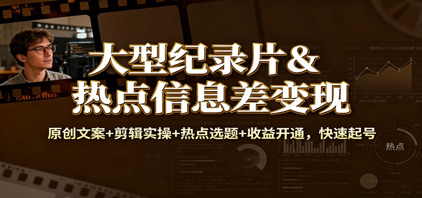 大型纪录片&热点信息差变现：原创文案+剪辑实操+热点选题+收益开通，快速起号-皓哥创业笔记