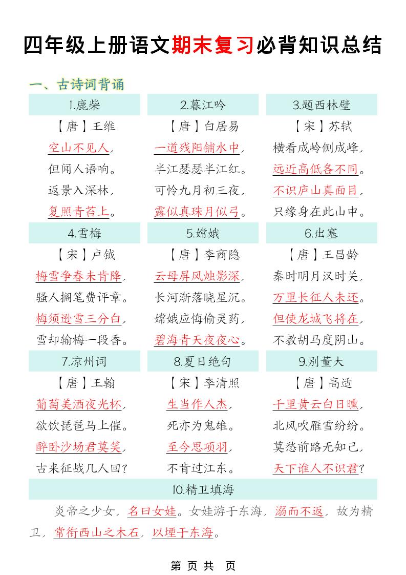 四年级上语文期末复习必背知识总结-皓哥创业笔记