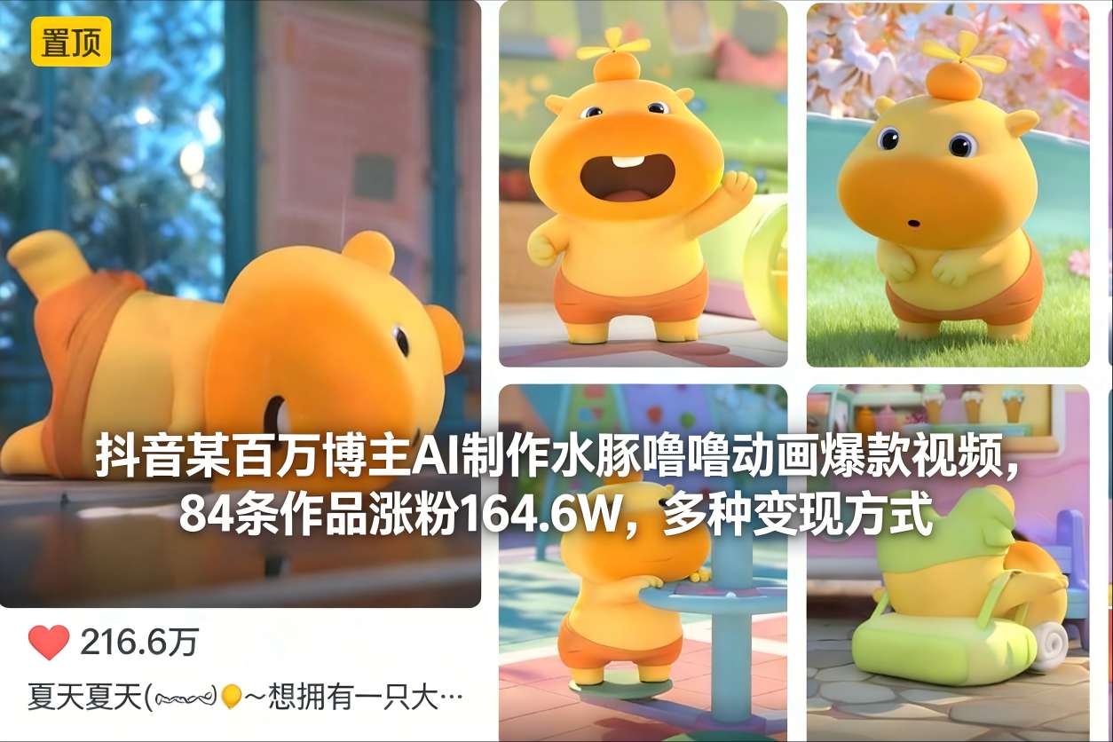 抖音某百万博主AI制作水豚噜噜动画爆款视频，84条作品涨粉164.6W，多种变现方式-皓哥创业笔记