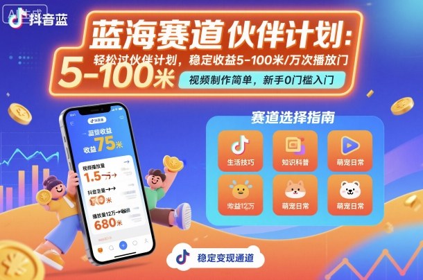 抖音蓝海赛道,轻松过伙伴计划,视频制作简单,万次播放收益在5-100米,稳定收益-皓哥创业笔记