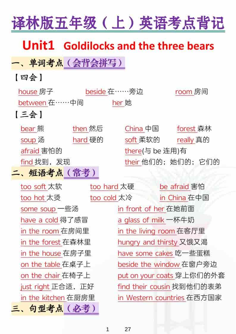 五年级上英语考点背记《译林版》-皓哥创业笔记