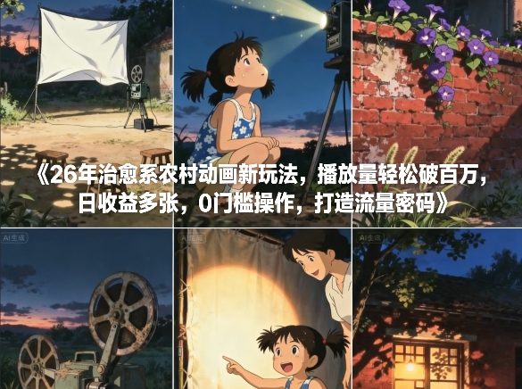 26年治愈系农村动画新玩法，播放量轻松破百万，日收益多张，0门槛操作，打造流量密码-皓哥创业笔记