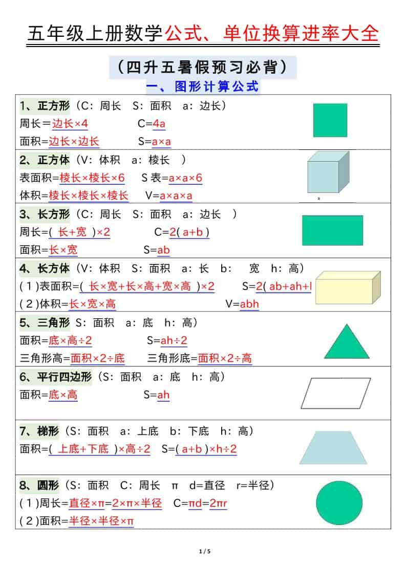 五年级上数学公式、单位换算进率大全-皓哥创业笔记