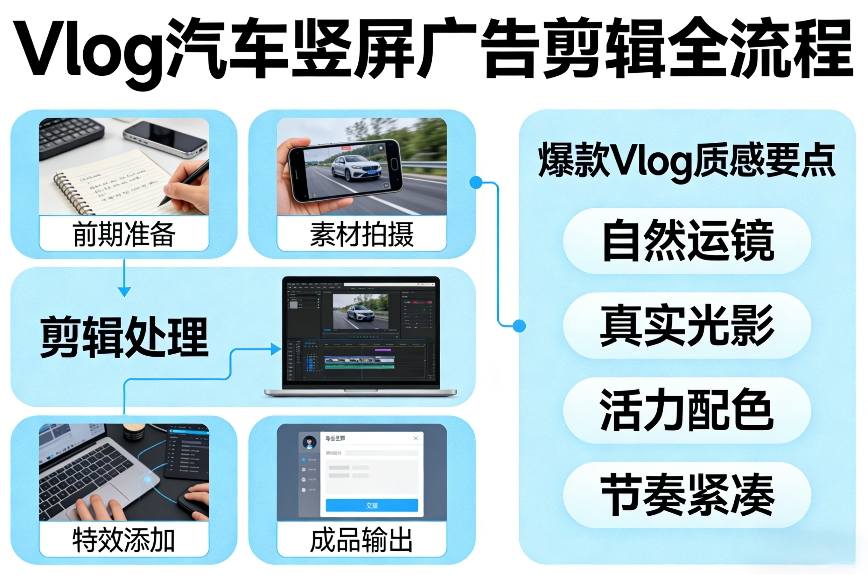 Vlog感觉汽车竖屏广告剪辑脚本全流程，拿捏爆款Vlog质感-皓哥创业笔记