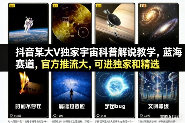 抖音某大V独家宇宙科普解说教学，蓝海赛道，官方推流大，可进独家和精选-皓哥创业笔记